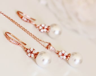 Rose Gold Bridal Jewelry Set, Rose Gold Wedding Jewelry Set, Crystal and Drop Pearl Bridal Jewelry Set Rose Pink Bridesmaid Gifts  S111