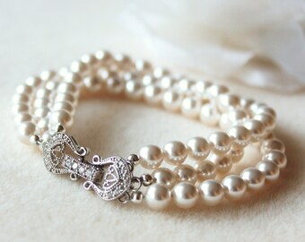 Pearl Bridal Bracelet, Pearl Wedding Bracelet For Bride, Three Strand Pearl Bracelet, Crystal Pearl Bridal Jewelry B102