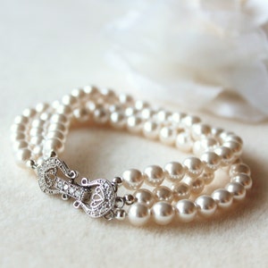 Pearl Bridal Bracelet, Pearl Wedding Bracelet For Bride, Three Strand Pearl Bracelet, Crystal Pearl Bridal Jewelry B102 White / Ivory