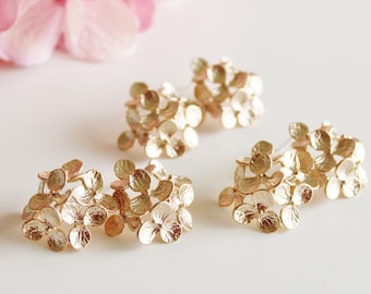 Gold Hydrangea Earrings, Bridesmaid Earrings Gold Flower Earrings, Romantic Garden Wedding Jewelry Bridesmaid Gifts Statement Earrings E208