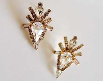Art Deco Crystal Stud Earrings: Gold Statement Geometric Formal Bridal Jewelry