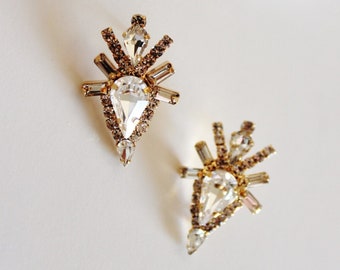 Art Deco Stud Earrings Statement Bridal Earrings, Unique Crystal Cluster Studs Arrow Geometric Earrings, Formal Jewelry Final Sale E201