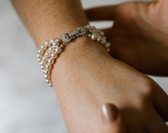 Bridal Pearl Bracelet Wedding Cuff Bracelet, Bridal Bracelet Three Strand Pearl Bracelet, Classic Wedding Bridal Jewelry