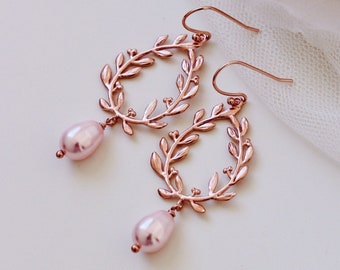 Rose Gold Leaf Earrings, Pink Bridesmaids Gifts, Drop Pearl Bridesmaid Earrings, Pink Pearl Earrings, Romantic Wedding Day Bridal Party