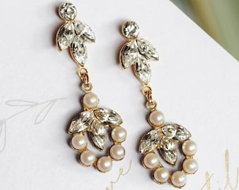 Bridal Earrings Crystal Leaf Drop Pearl Earrings, Fall Wedding Jewelry For Bride Pearl Wedding Earrings Cluster Crystal Dangle Earrings E154