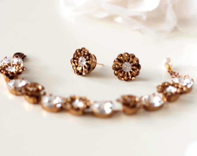 Featured listing image: Gold Floral Bridal Jewelry Set: Austrian Crystal Sakura Flower Earrings Necklace Bracelet Set Spring Wedding Accessories