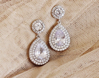 Halo Crystal Stud Teardrop Bridal Earrings Drop Crystal Wedding Earrings,  Statement Wedding Jewelry For Brides, E106
