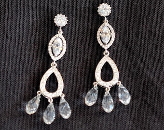 Chandelier Bridal Earrings: Marquise Teardrop Crystal Dangle, Silver Victorian Wedding Jewelry