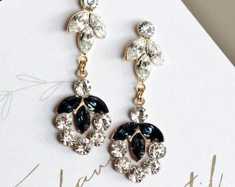 Navy Blue Crystal Leaf Bridal Earrings Something Blue Wedding Earrings Blue Drop Earrings, Blue Wedding Jewelry Gift Idea E214