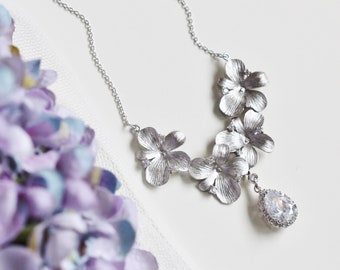 Floral Bridal Necklace Silver Hydrangea Flower Wedding Necklace, Vintage Style Romantic Wedding Bridal Jewelry N208