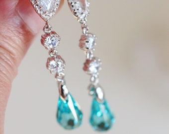 Turquoise Blue Bridal Earrings, Boho Wedding Earrings, Dangle Drop Earrings, Silver Blue Crystal Earrings, Beach Wedding Jewelry E212