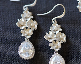 Cherry Blossom Teardrop Bridal Earrings, Crystal Sakura Flower Dangle Spring Wedding Jewelry