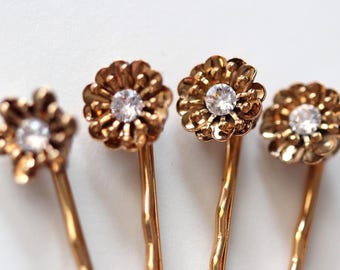 Set of 4 Gold Sakura Flower Bridal Hair Pins, Swarovski Crystal Wedding Hair Clips