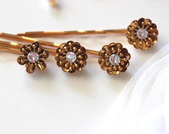 Set of 4 Bridal Hair Pins, Gold Sakura Flower Hair Pins, Unique Romantic Garden Country Wedding Hair Clips with Rhinestone