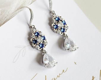 Sapphire Blue Bridal Earrings: Teardrop Dangle Crystal Something Blue Wedding Earrings Gift For Her