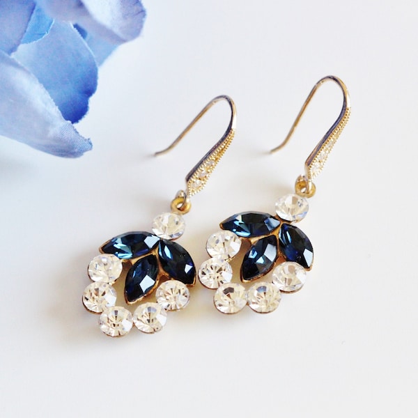 Pendientes de boda azul marino, pendientes de hoja de oro nupcial de boda boho, pendientes de dama de honor azul regalos de boda de otoño E214