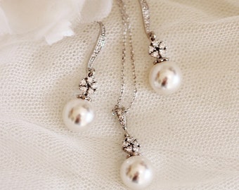 Pearl Wedding Jewelry Set Silver Flower Blossom Crystal Bridal Jewelry Set Pearl Earrings and Necklace Set, Maid of Honor Gift S111