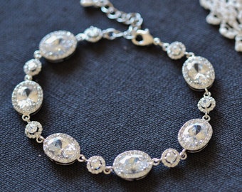 Wedding Bracelet, Crystal Bridal Bracelet, Silver Oval and Round Halo CZ Crystal Bracelet, Wedding Jewelry For Brides B117
