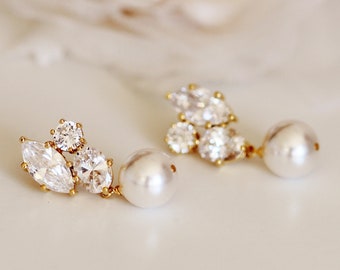 Gold Bridal Earrings Rose Gold White Ivory Pearl Earrings, Bridesmaid Earrings Gold Wedding Jewelry Mother of the Bride Gift E101