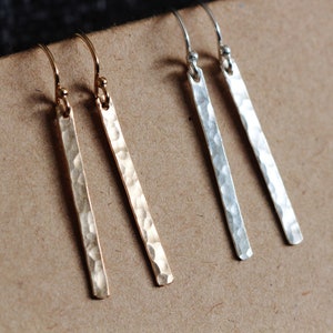 Hammered 14K Gold Filled Bar Earrings, Skinny Bar Earrings, Dangle Sterling Silver Bar Earrings, Simple Minimalist Gift For Her Sisters