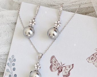 Gray Pearl Bridesmaid Jewelry Set: Silver Crystal Flower Pearl Earrings & Necklace