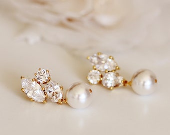 Gold Bridal Earrings Rose Gold White Ivory Pearl Earrings, Bridesmaid Earrings Wedding Jewelry For Mother of the Bride Gift E101