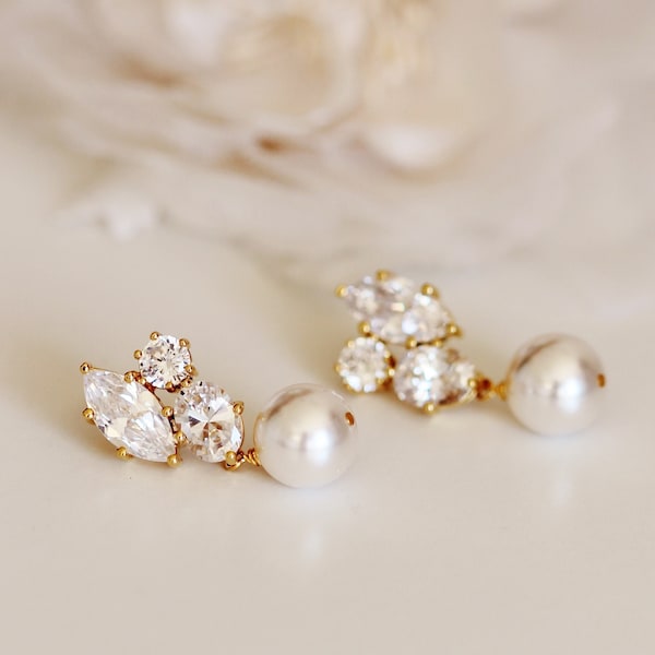 Gold Bridal Earrings Rose Gold White Ivory Pearl Earrings, Bridesmaid Earrings Wedding Jewelry For Mother of the Bride Gift