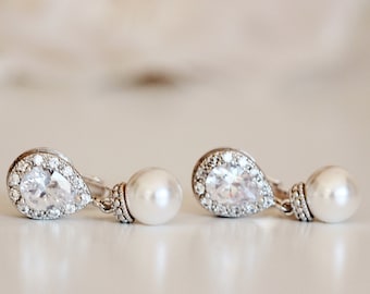 Clip On Pearl Bridal Earrings: Teardrop Crystal Cubic Zirconia, Rhodium Plated