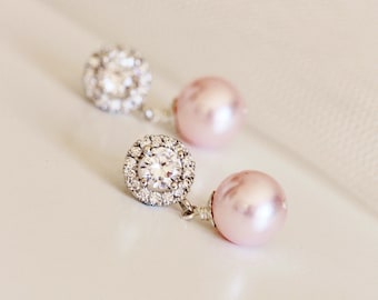Blush Pink Pearl Earrings, Pink Wedding Jewelry, Blush Pink Bridal Earrings, Pink Bridesmaid Earrings, Bridesmaid Gifts Wedding Jewelry E102