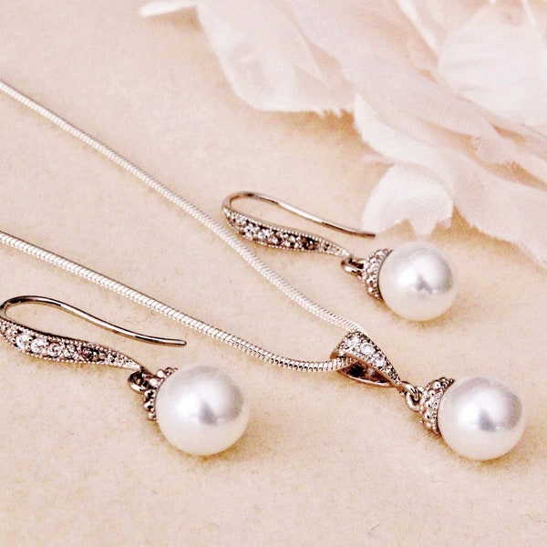 Pearl Wedding Jewelry, Pearl Bridesmaid Gift Set, Pearl Bridal Jewelry Set, Simple Pearl Jewelry Set 8mm Pearl Bridesmaid Jewelry Set S101