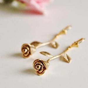 Pendientes colgantes de rosa dorada, regalo de cumpleaños para ella, boda en el jardín, despedida de soltera, regalo para damas de honor E309