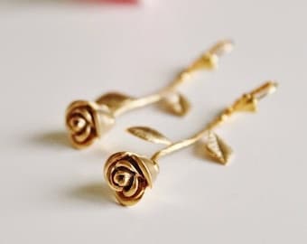 Gold Rose Earrings, Rose Earrings, Dangle Earrings, Birthday Gift For Her Garden Wedding Party Bridal Shower Gift for Bridesmaids E309