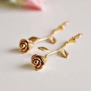 Gold Rose Earrings, Rose Earrings, Dangle Earrings, Birthday Gift For Her Garden Wedding Party Bridal Shower Gift for Bridesmaids E309