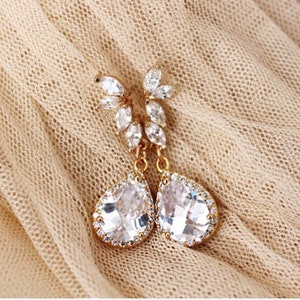 Gold Bridal Earrings Drop Crystal Earrings, Gold Bridal Jewelry Crystal Leaf Wedding Earrings, Boho Wedding Jewelry in Gold or Silver E128