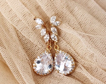 Crystal Leaf Bridal Earrings, Gold Wedding Crystal Drop Earrings, Boho Wedding Jewelry Fall E128