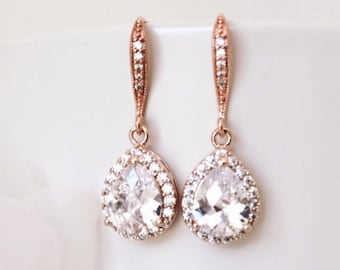Rose Gold Bridal Earrings Lux Cubic Zirconia Crystal Teardrop Earrings Rose Gold Wedding Bridesmaid Gift Earrings E111