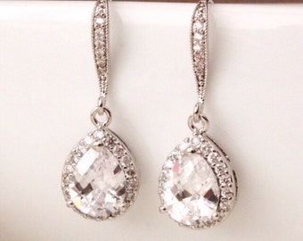 Crystal Wedding Earrings, Cubic Zirconia Teardrop Earrings, Classic Bridal Bridesmaid Earrings E111