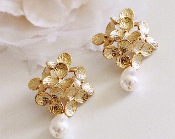 Featured listing image: Gold Bridal Earrings, Vintage Style Romantic Wedding Earrings Pearl Earrings, Hydrangea Flower Statement Earrings Gold Wedding Jewelry E208