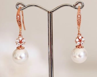 Rose Gold Bridal Earrings, Drop Pearl Earrings, Wedding Jewelry For Bridesmaid Earrings Rose Gold Earrings Pearl Earrings E103