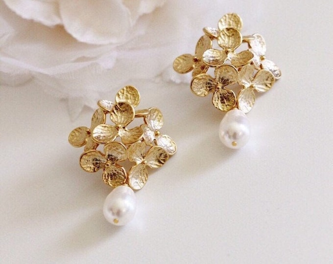 Featured listing image: Gold Bridal Earrings, Vintage Style Romantic Wedding Earrings, Pearl Earrings, Hydrangea Flower Statement Earrings Gold Wedding Jewelry E208