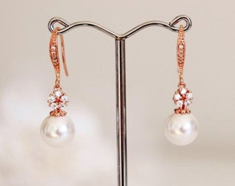 Rose Gold Bridal Earrings Drop Pearl Earrings, Wedding Jewelry For Bridesmaid Earrings Rose Gold Earrings Pearl Earrings E103
