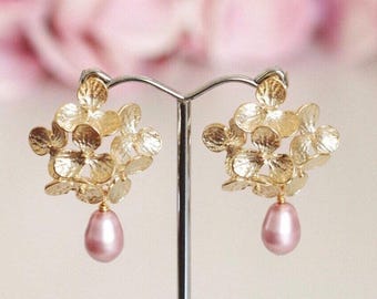 Gold Hydrangea Flower Earrings Pink Bridesmaid Earrings, Spring Romantic Garden Wedding Pink Pearl Earrings Bridesmaid Gifts Jewelry E208