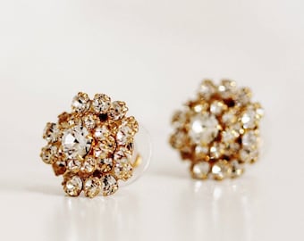 Crystal Clip On Earrings, Gold Bridal Earrings, Cluster Earrings, Non Pierced Earrings Christmas Gift Birthday Gifts For Mum Grandma   E203
