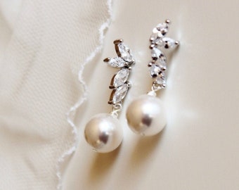 Pearl Bridal Earrings Drop Pearl Earrings, Wedding Earrings Marquise Crystal Leaf Earrings, Silver or Gold Fall Wedding Jewelry E138