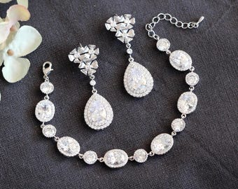 Floral Bridal Jewelry Set – Silver Teardrop Bridal Earrings and Bracelet Set, Statement Wedding Jewelry Gift for Bride Wife Formal Jewelry