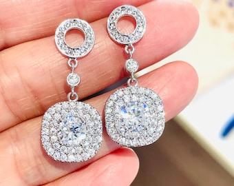 Statement Princess Bridal Earrings Dangle Drop Crystal Wedding Earrings For Brides, Halo Earrings Necklace Wedding Jewelry E117
