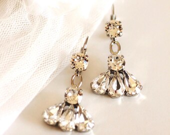 Large Statement Bridal Earrings Silver Drop Chandelier Earrings, Art Deco Crystal Wedding Earrings, Prom Formal Wedding Jewelry Gift For Her