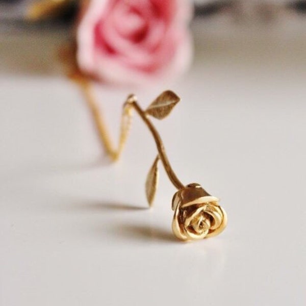 Gold Rose Necklace, Bridesmaid Necklace, Romantic Garden Wedding Party Gifts for Her Girlfriend Beauty and The Beast N122