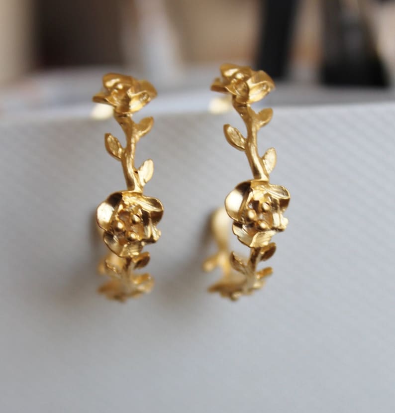 Rose Hoop Earrings, Gold Rose Earrings, Gold Hoop Earrings, Boho Wedding Party Gift, Rustic Wedding Bridesmaid Jewelry Gift for Her, E308 image 3