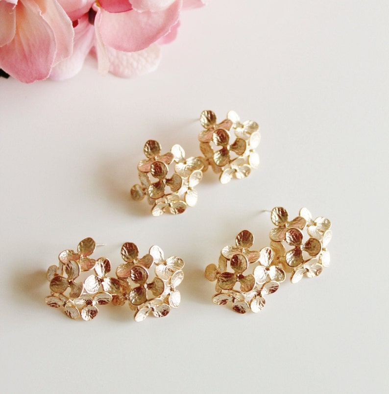 Gold Hydrangea Earrings, Bridesmaid Earrings, Gold Flower Earrings, Romantic Garden Wedding Jewelry Bridesmaid Gifts Statement Earrings E208 image 8